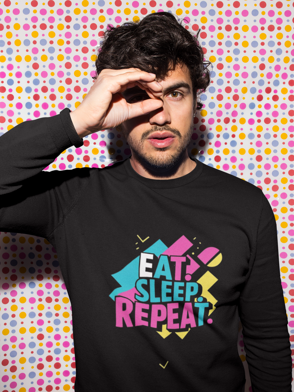 Colorful Motivational Sweatshirt - Eat, Sleep, Repeat, Casual Gift, Fitness Apparel, Self-Care Reminder, Everyday Comfort