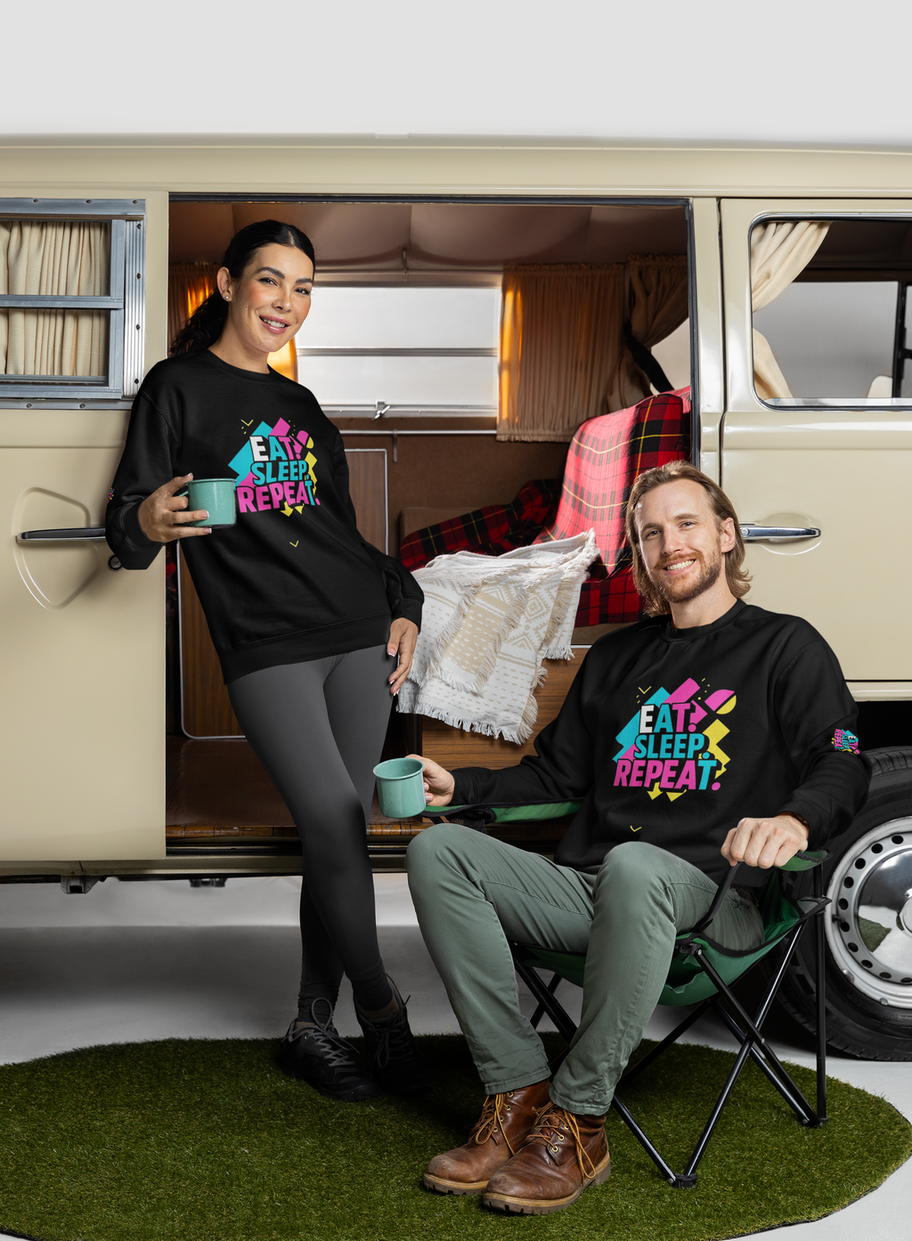 Colorful Motivational Sweatshirt - Eat, Sleep, Repeat, Casual Gift, Fitness Apparel, Self-Care Reminder, Everyday Comfort