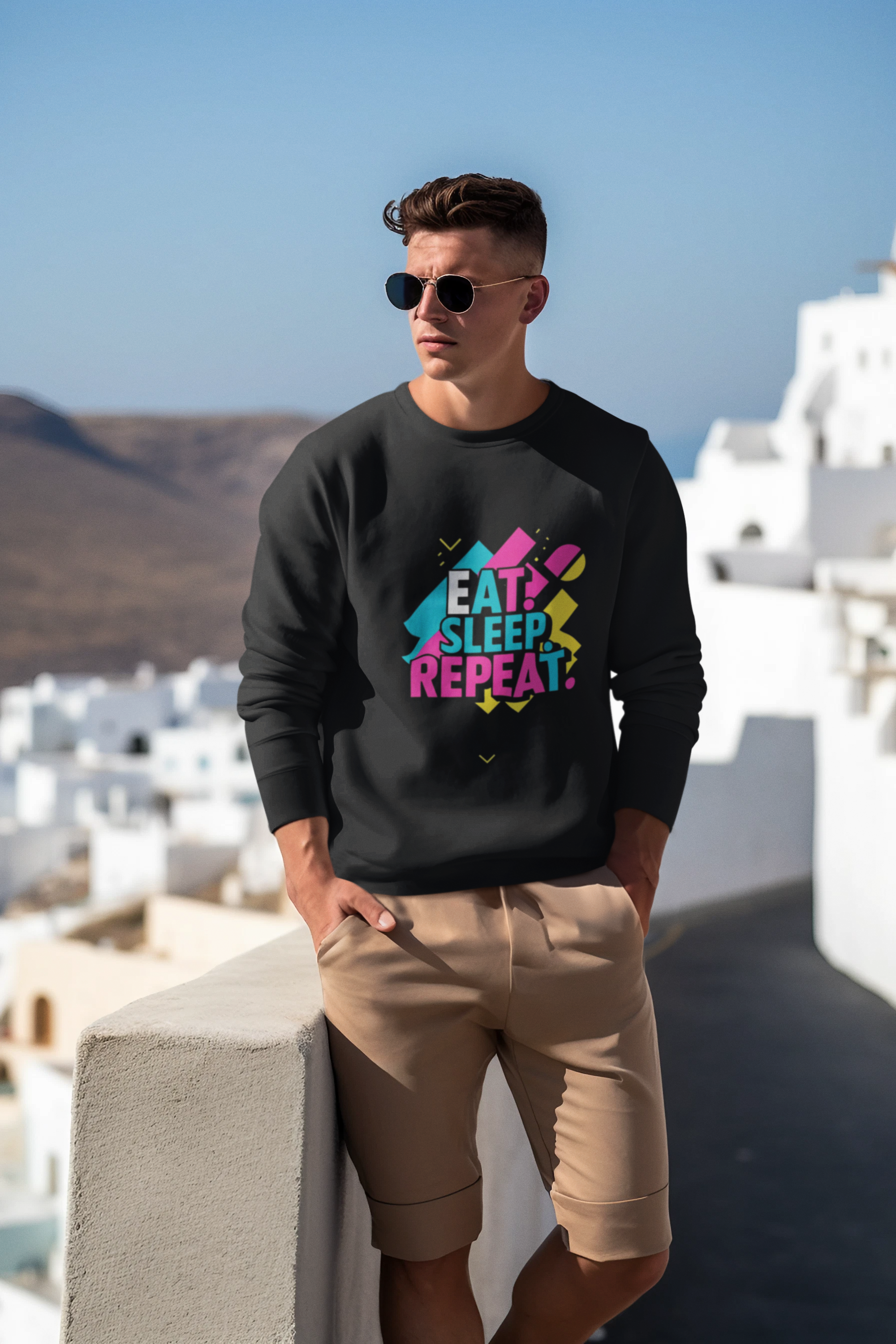 Colorful Motivational Sweatshirt - Eat, Sleep, Repeat, Casual Gift, Fitness Apparel, Self-Care Reminder, Everyday Comfort
