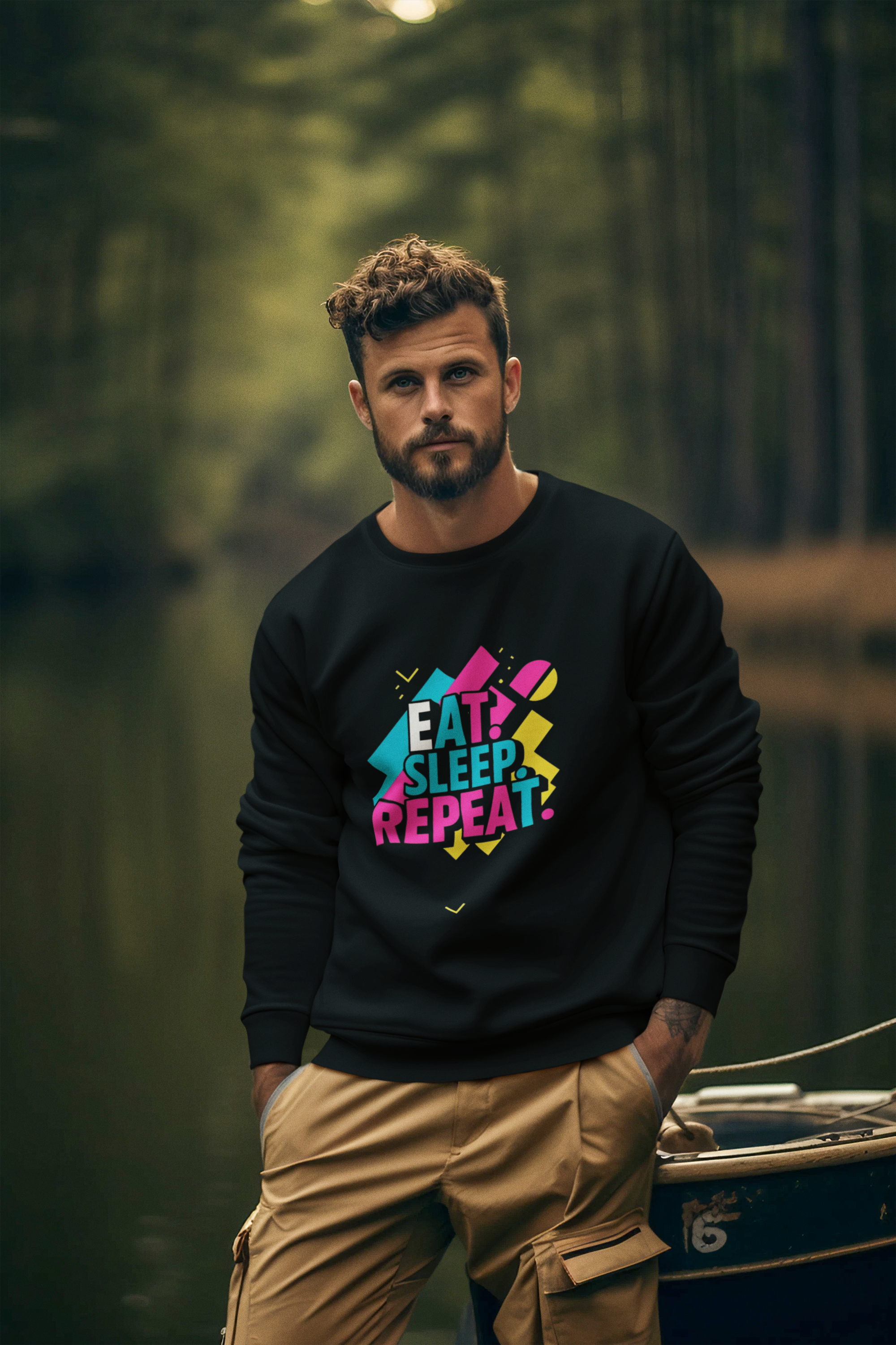 Colorful Motivational Sweatshirt - Eat, Sleep, Repeat, Casual Gift, Fitness Apparel, Self-Care Reminder, Everyday Comfort