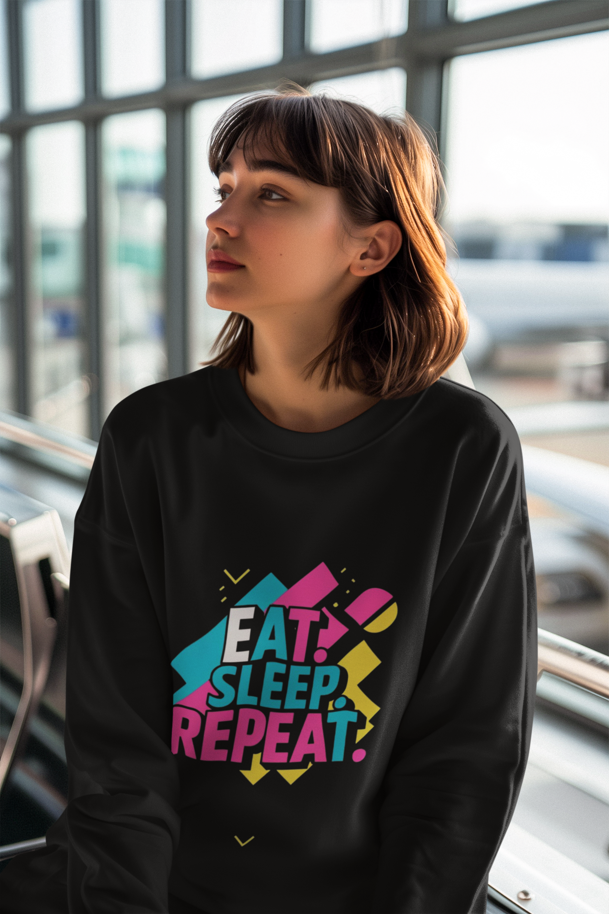 Colorful Motivational Sweatshirt - Eat, Sleep, Repeat, Casual Gift, Fitness Apparel, Self-Care Reminder, Everyday Comfort